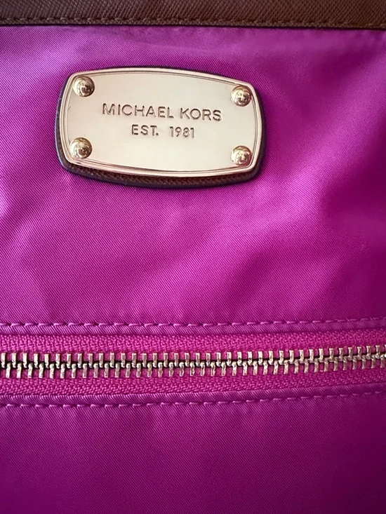 Michael Kors fuchsia is Nylon Tote with Brown Leather Trim - Picture 4 of 11